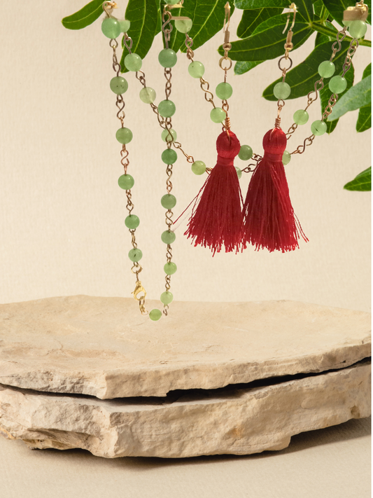 Tassel and jadeite earrings and necklace set
